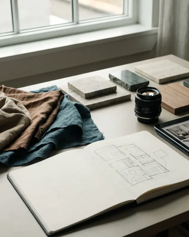 Fabric swatches and a floor plan sketch on a studio table